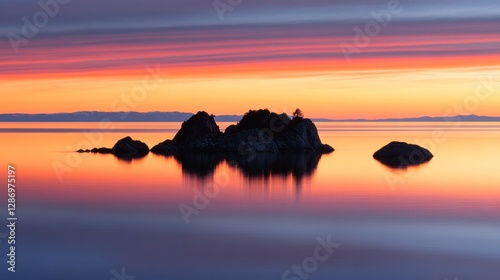 Calm Lake Reflection at Sunset with Island Silhouette and Colorful Sky