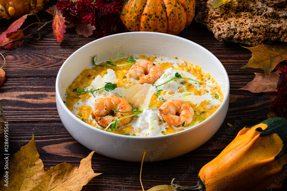 pumpkin risotto with shrimp prawns gambero rosso