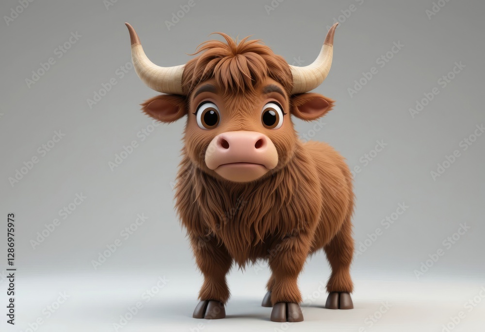 Cute Cartoon Highland Cow Standing Isolated on Soft Gray Background