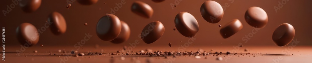 Fototapeta premium Chocolate drops falling horizontally in mid-air, seamless motion, still life, chocolate drops, falling objects