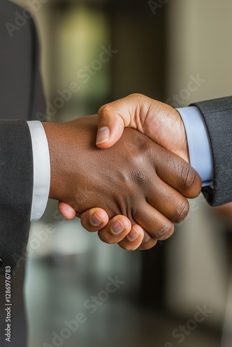 Two diverse business executives exchanging a confident handshake, symbolizing leadership and mutual trust in an office environment