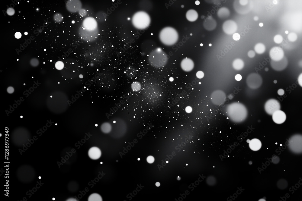 Fototapeta premium Holiday White Snow Bokeh effects on a black background, for a screen or overlay filter, with a festive and magical feel 