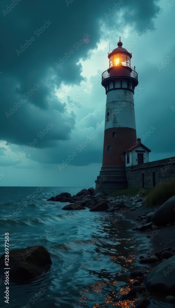 Dark and gloomy stormy sky over flooded historic lighthouse, old, architecture, stormy weather Dark and gloomy stormy sky over flooded historic lighthouse, old, architecture, stormy weather
