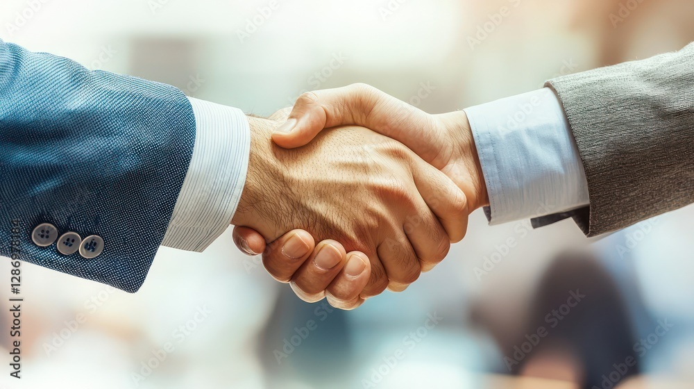 Two happy executives shaking hands after a successful financial deal at a corporate meeting, symbolizing trust and partnership Two happy executives shaking hands after a successful financial deal at a corporate meeting, symbolizing trust and partnership
