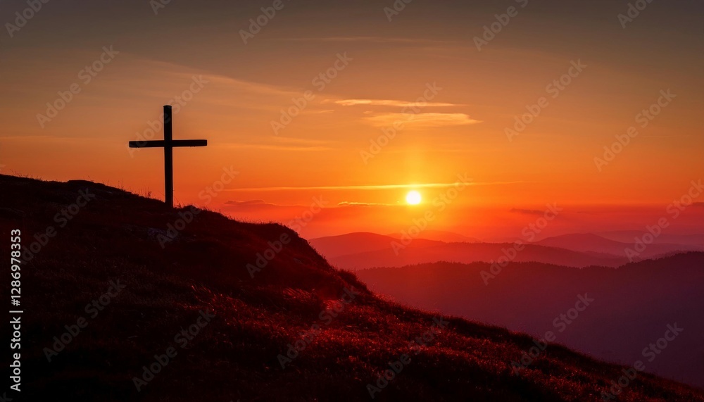 Crucifix Cross stands on a hilltop. Sunset with mountains. Religion symbol. Beautiful landscape with the Christian cross. Faith and hope concept. Orange sky. Crucifix Cross stands on a hilltop. Sunset with mountains. Religion symbol. Beautiful landscape with the Christian cross. Faith and hope concept. Orange sky.