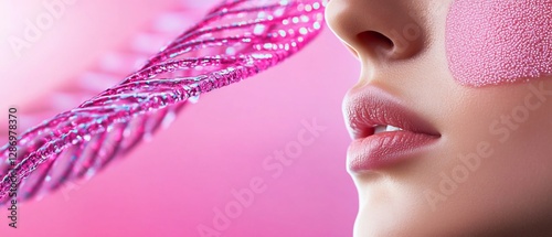 Woman's face, DNA strand, pink background, skincare