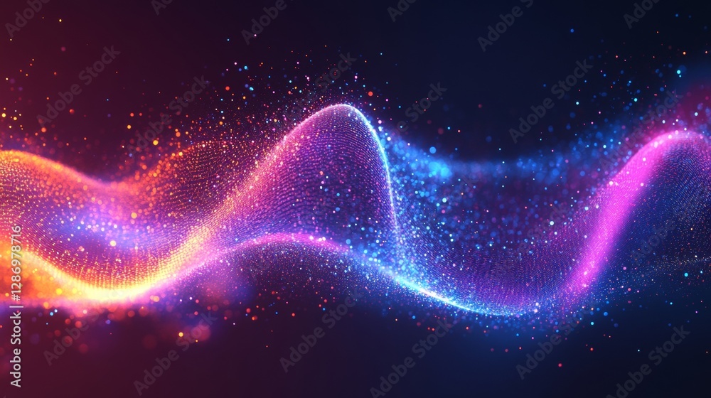 Fototapeta premium Bright light particles wave. Colorful dots flow background. Abstract design with smooth vibrant lights. Magic shining dust floating. Digital glitter effect on dark.