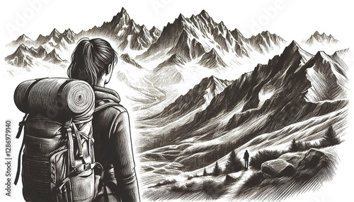 Fearless Female Explorer Overlooking Majestic Peaks – AI Generated Transparent PNG