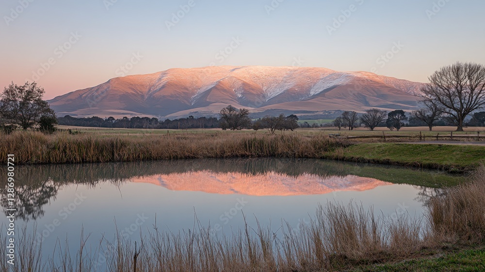 Obraz premium Snow Capped Mountain Reflecting in Pond at Dusk Serene Countryside View
