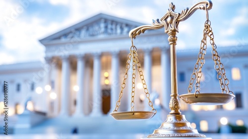 Golden Scales of Justice Against the Supreme Court Building Backdrop
