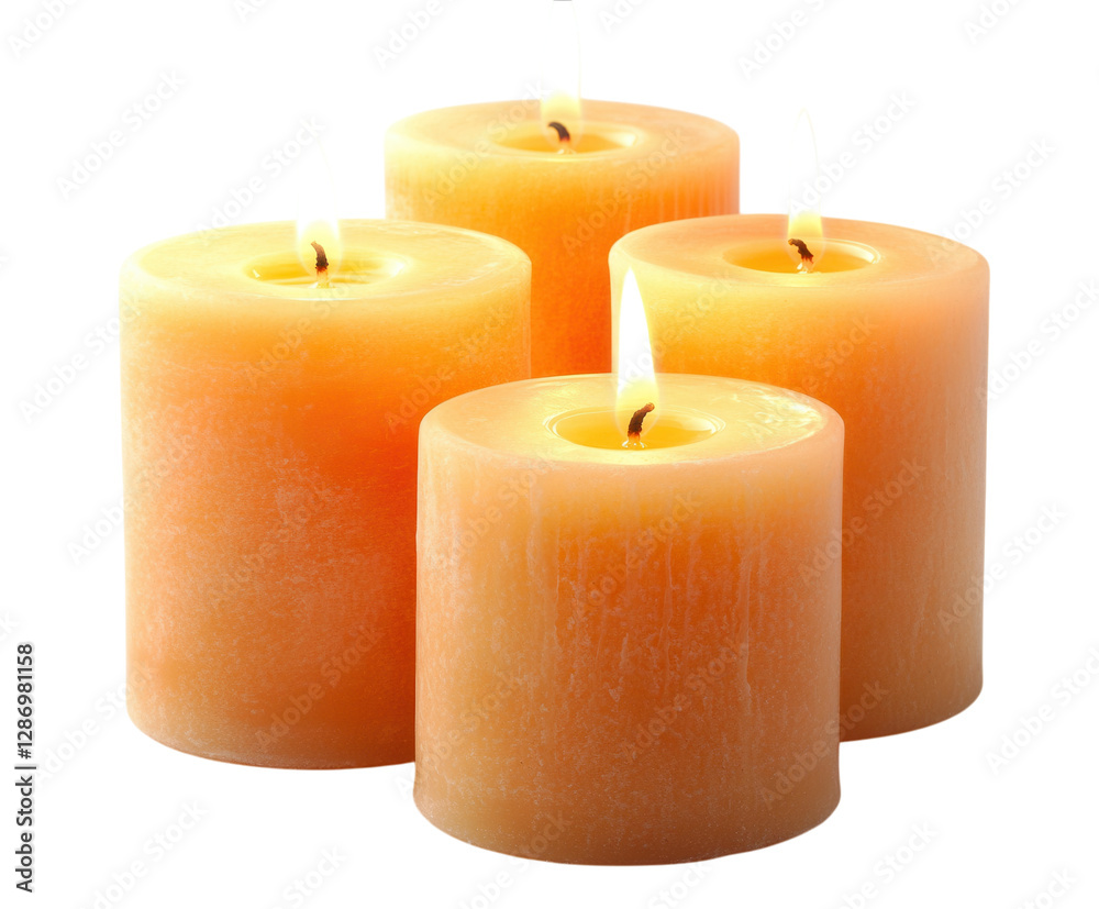 Three burning candles in soft tones with melted wax and a gentle glow. PNG transparent. Three burning candles in soft tones with melted wax and a gentle glow. PNG transparent.
