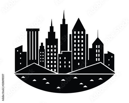 A black and white image of a city skyline
