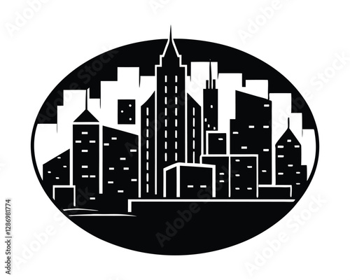 A black and white image of a city skyline

