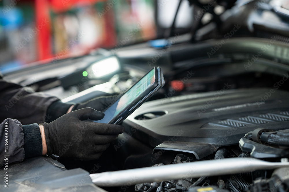 Fototapeta premium Serviceman with tablet checks car software in car service