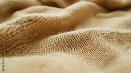 A close-up view of soft, textured fabric in a warm beige hue, showcasing gentle waves and the natural weave of the material.