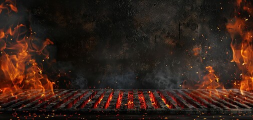 Hot empty portable barbecue BBQ grill with flaming fire and ember charcoal on black background