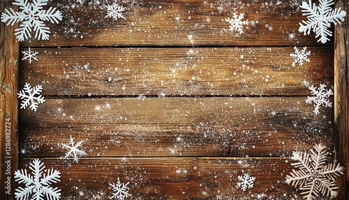 Winter Wooden Background: Snowflakes on Rustic Wood