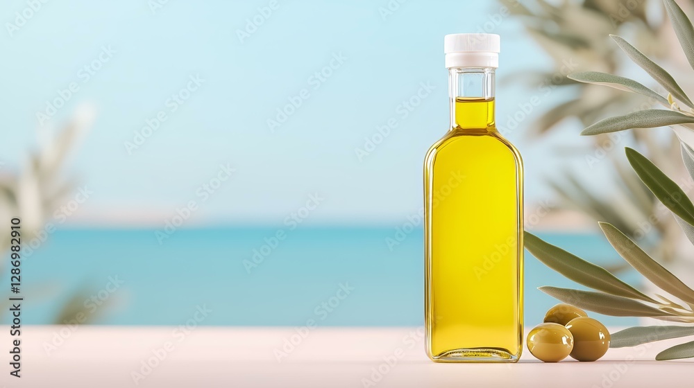Olive oil bottle with olives and leaves by the sea on a sunny day Olive oil bottle with olives and leaves by the sea on a sunny day