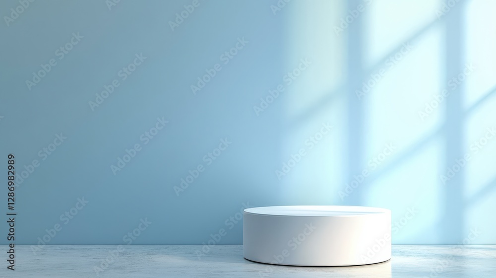 A minimalist setting featuring a white circular object on a light gray surface, against a soft blue wall with shadows creating a serene atmosphere. A minimalist setting featuring a white circular object on a light gray surface, against a soft blue wall with shadows creating a serene atmosphere.