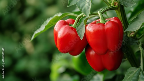 Vibrant red bell peppers growing on lush green plant in sunlit garden