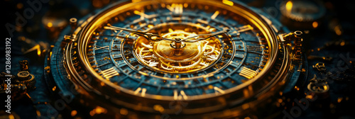Wallpaper Mural Mechanism of Time: A glimpse into the heart of antique timepiece, showcasing its intricate gold & blue gear, symbolizing precision and past era. Torontodigital.ca