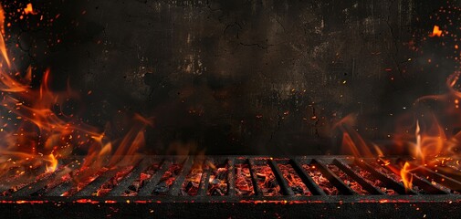 Hot empty portable barbecue BBQ grill with flaming fire and ember charcoal on black background