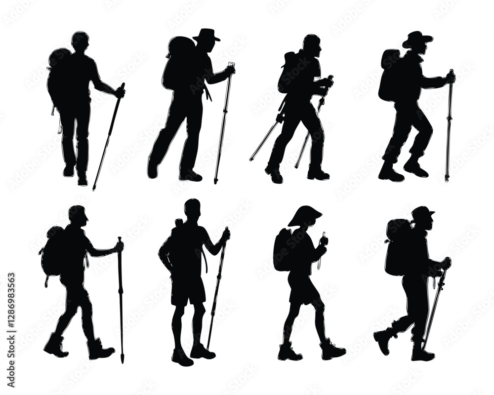 Obraz premium Hand drawn hiking silhouette bundle set on a white background