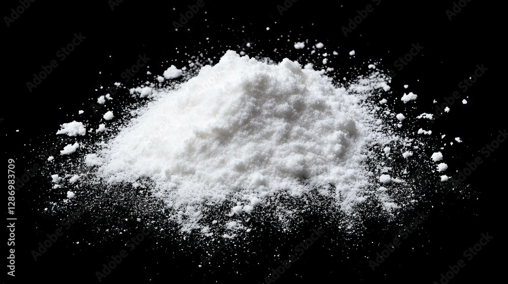 Delicate falling powdered sugar on black background for culinary design Delicate falling powdered sugar on black background for culinary design