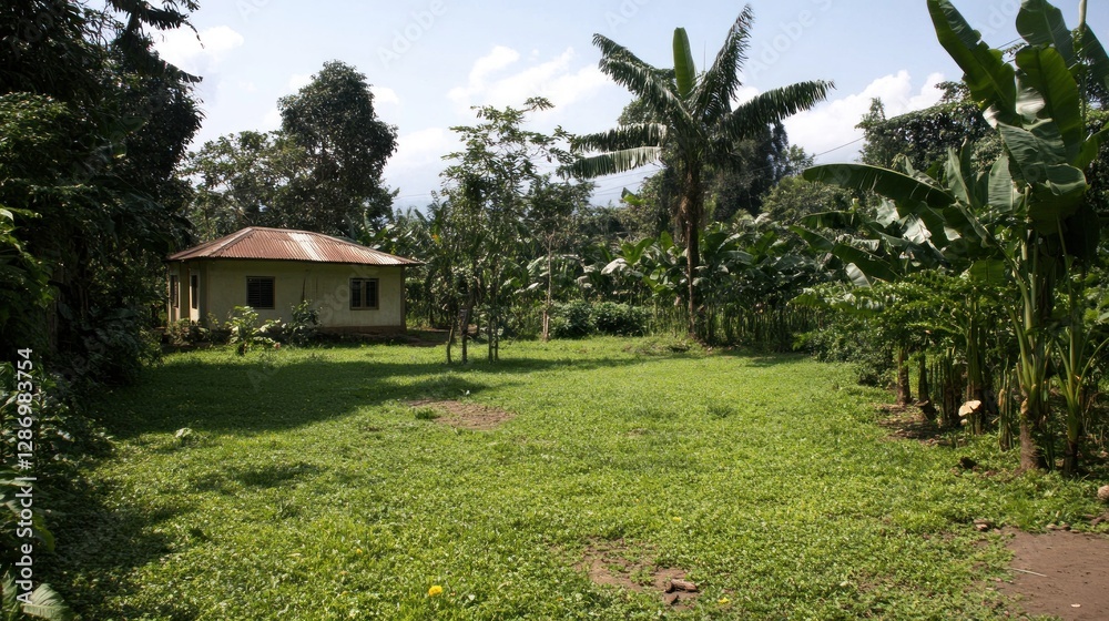 Rural House in Green Tropical Setting Surrounded by Lush Vegetation Rural House in Green Tropical Setting Surrounded by Lush Vegetation