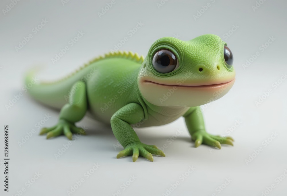 Fototapeta premium Cute Green Cartoon Lizard with Big Eyes on Light Background