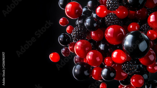 Colorful symphony of falling red and black berries on dark background