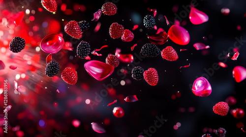 Vibrant falling red and black dewberries with petals on dark background for design