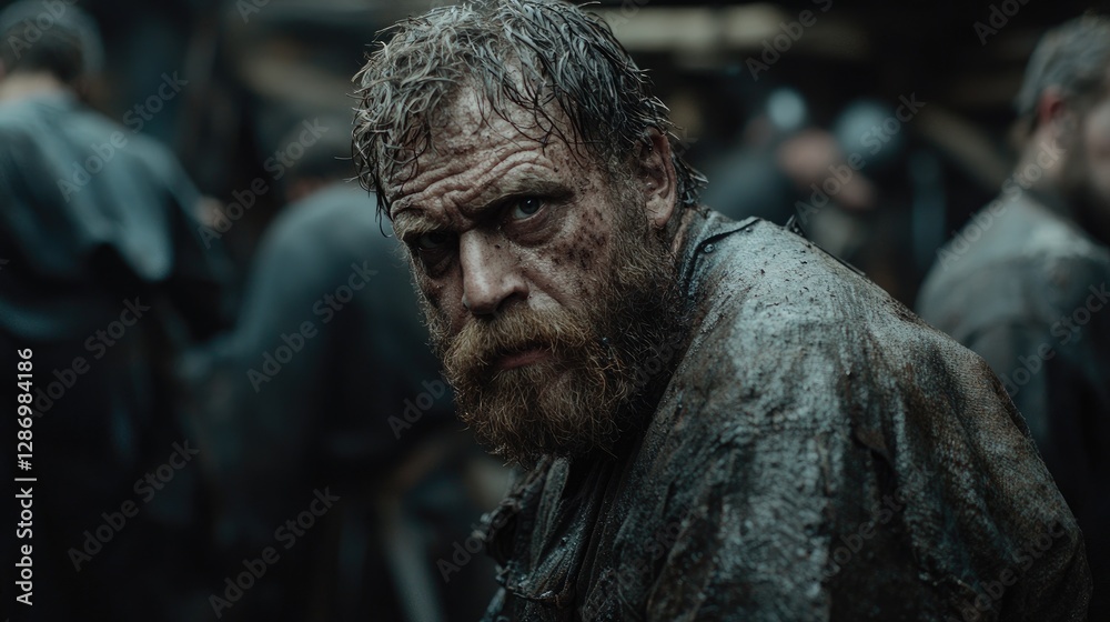 Medieval man, intense stare, crowd background, historical scene, dramatic portrait Medieval man, intense stare, crowd background, historical scene, dramatic portrait