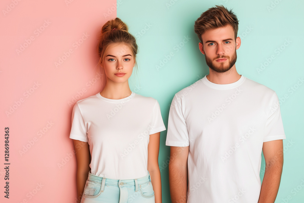 Two people in white t-shirts, standing next to each other. T-shirt fashion concept. Two people in white t-shirts, standing next to each other. T-shirt fashion concept.