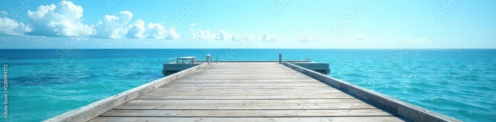 Gray wood pier deck extends over calm blue sea, sunny sky , tranquil, ocean Gray wood pier deck extends over calm blue sea, sunny sky , tranquil, ocean