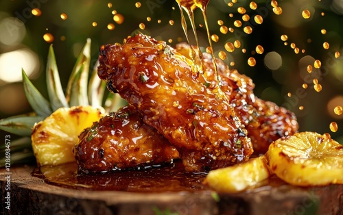 Honey-glazed fried chicken with teriyaki sauce splashes and grilled pineapple on a golden honey background