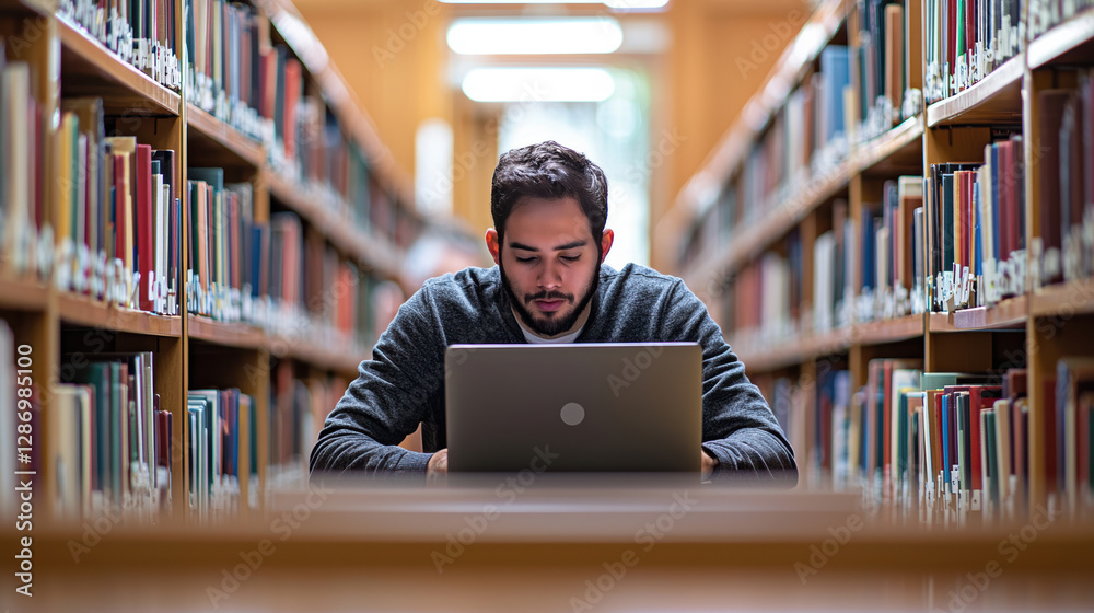 University Student Focused on Academic Goals in a Quiet Library Setting for Education and Study Themes University Student Focused on Academic Goals in a Quiet Library Setting for Education and Study Themes