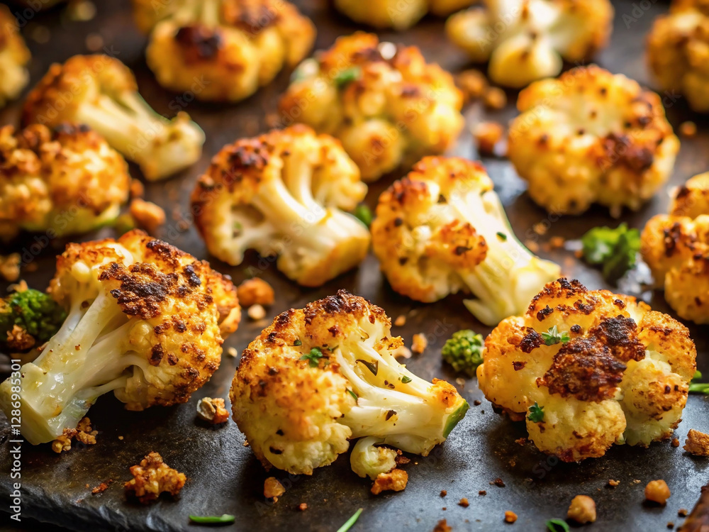Fototapeta premium A close-up of roasted cauliflower, seasoned with herbs and spices, placed on a dark surface. The cauliflower has a golden-brown hue, indicating it has been roasted to perfection. The herbs, likely par