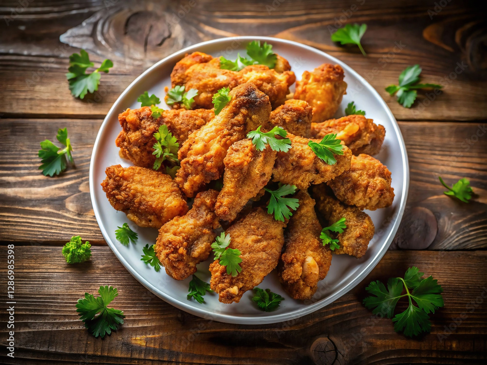 A plate of golden-brown fried chicken pieces garnished with fresh cilantro leaves, placed on a rustic wooden surface. A plate of golden-brown fried chicken pieces garnished with fresh cilantro leaves, placed on a rustic wooden surface.