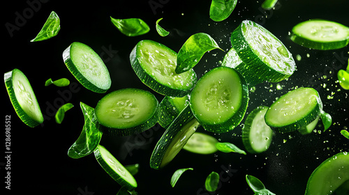 Fresh zucchini and green leaves falling on dark background