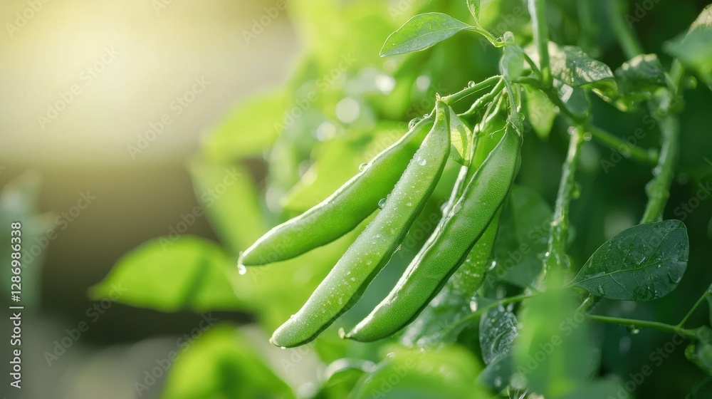 Fresh green peas hang from a vibrant plant, glistening with moisture under soft sunlight, showcasing nature's bounty. Fresh green peas hang from a vibrant plant, glistening with moisture under soft sunlight, showcasing nature's bounty.