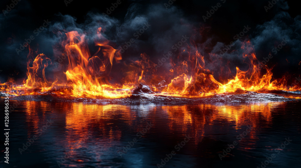 Naklejka premium Fiery reflections on a dark glossy surface for creative backgrounds