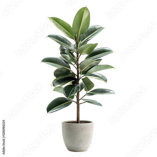 A Tall Potted Rubber Tree Plant with Large Glossy Leaves Isolated on Transparent Background