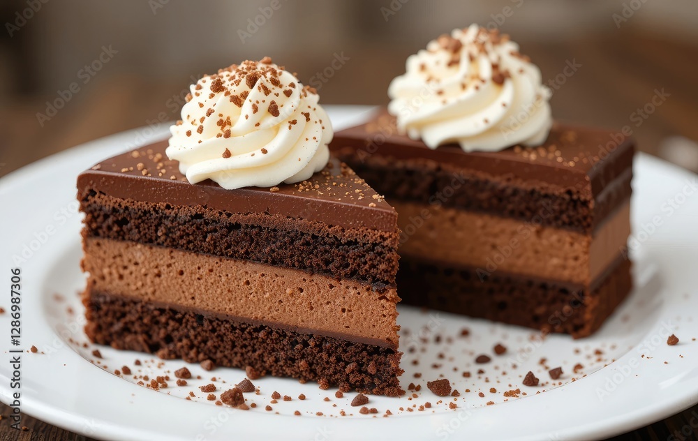 Delicious Chocolate Mousse Cake Slices with Whipped Cream on Plate Delicious Chocolate Mousse Cake Slices with Whipped Cream on Plate