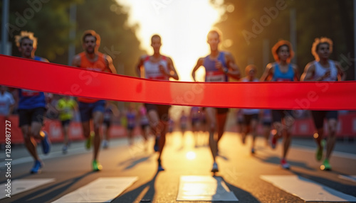 Marathon runners making a final sprint towards the red finish line tape under golden evening light, symbolizing endurance and success