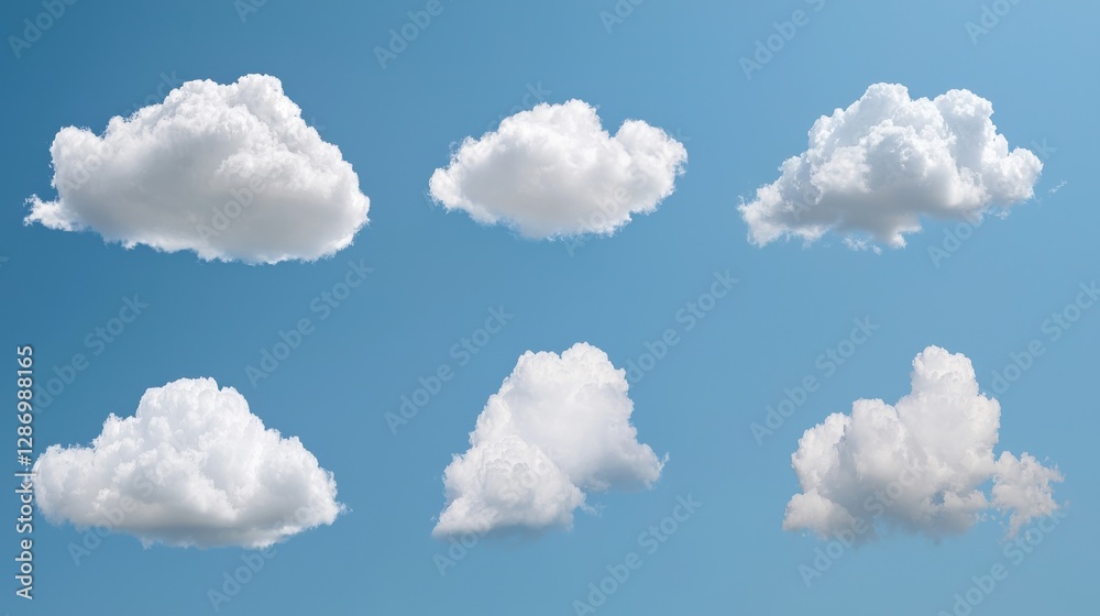 A serene collection of fluffy white clouds against a bright blue sky, showcasing various shapes and sizes, perfect for a tranquil atmosphere. A serene collection of fluffy white clouds against a bright blue sky, showcasing various shapes and sizes, perfect for a tranquil atmosphere.
