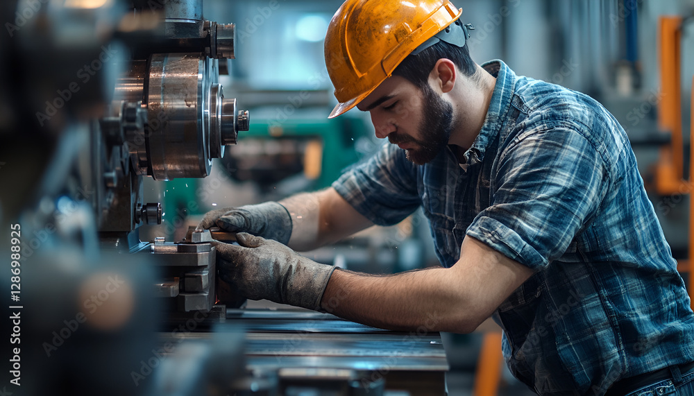 Male engineer metalworker industrial experienced operator technician worker in safety hard helmet working on lathe machine, professional man in industry technology manufacturing factory workshop Male engineer metalworker industrial experienced operator technician worker in safety hard helmet working on lathe machine, professional man in industry technology manufacturing factory workshop