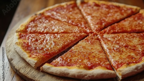 Sliced cheese pizza on wooden board, restaurant background photo