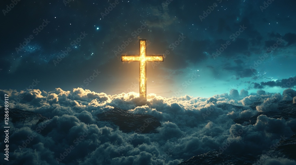 Fototapeta premium Celestial Cross: Divine Light Descends, Spiritual Awakening, Heavenly Symbol, Faith, Belief, Hope, Religion, Gospel, Christianity, God, Jesus, Holy 