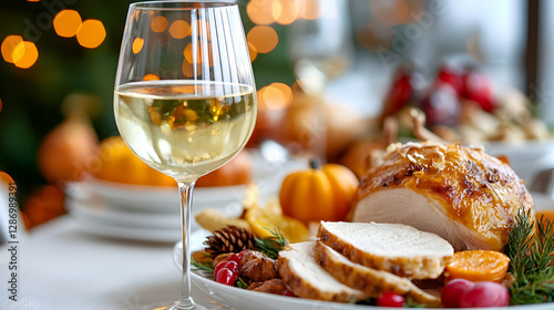 Festive Thanksgiving dinner with roasted turkey, wine, and fall decor photo